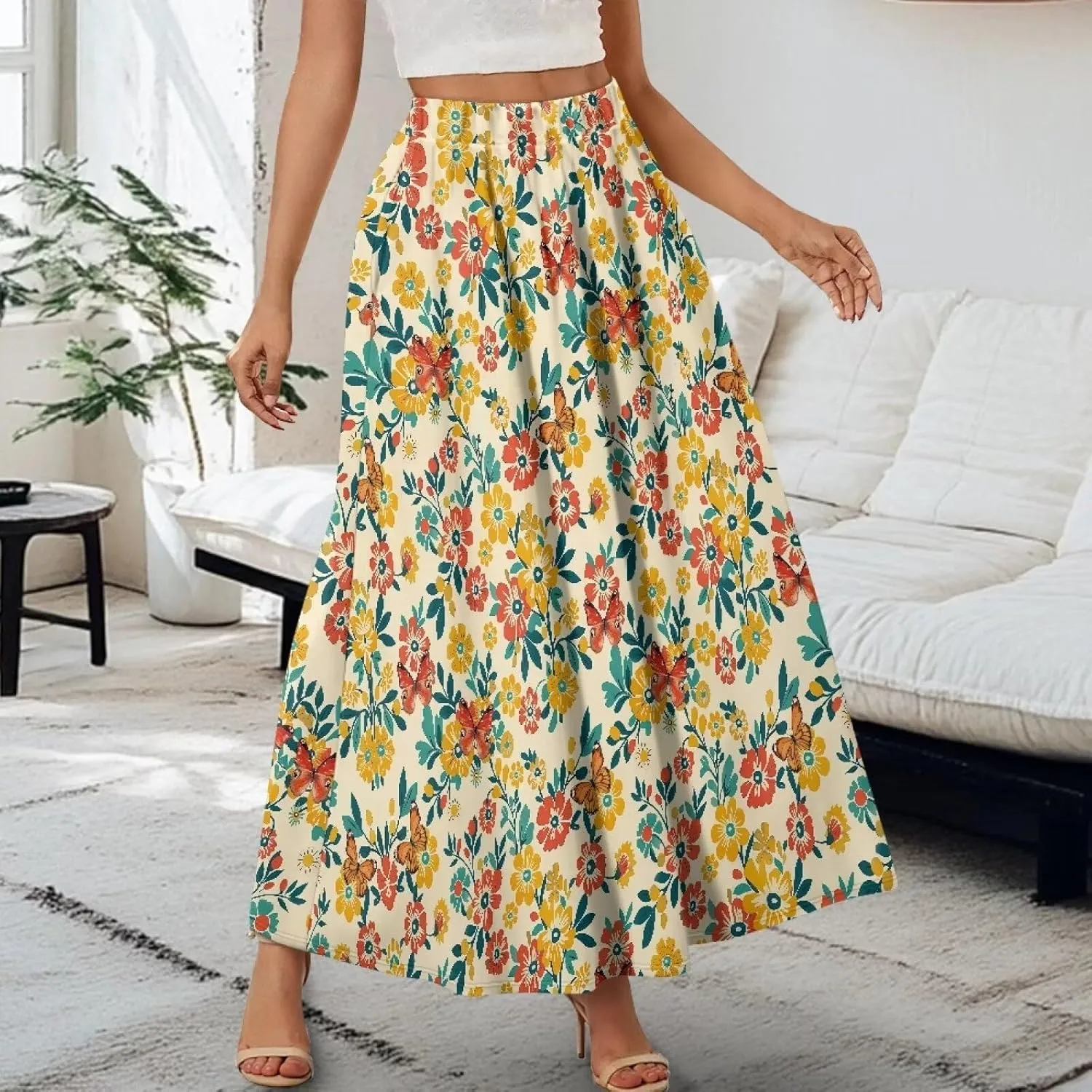 Skirts for Women Casual Loose Pleated Skirt Elastic High Waist Soft A Line Ankle Length Skirt with Pockets S-2XL