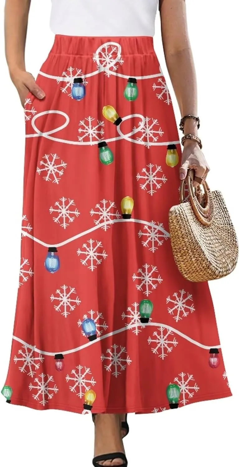 Skirts for Women Casual Loose Pleated Skirt Elastic High Waist Soft A Line Ankle Length Skirt with Pockets S-2XL