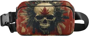 Skull with Feather Fanny Pack Water Resistant, Women Men Waist Pack Sling Bag Purse for Travel Hiking