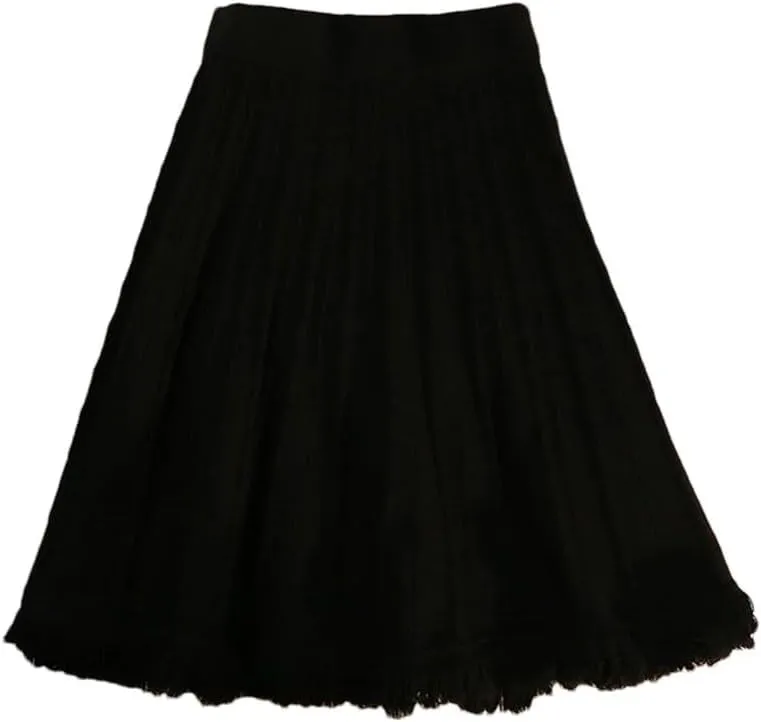 Solid Tassel Knitted Pleated Skirt for Women Spring Winter Elastic High Waist All-Match A-Line Skirts