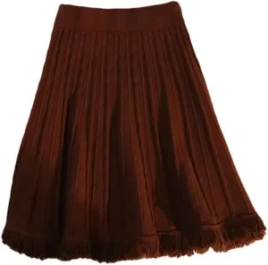 Solid Tassel Knitted Pleated Skirt for Women Spring Winter Elastic High Waist All-Match A-Line Skirts