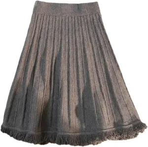Solid Tassel Knitted Pleated Skirt for Women Spring Winter Elastic High Waist All-Match A-Line Skirts