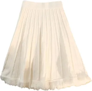 Solid Tassel Knitted Pleated Skirt for Women Spring Winter Elastic High Waist All-Match A-Line Skirts