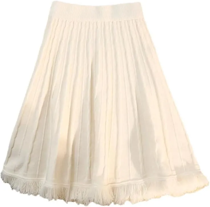 Solid Tassel Knitted Pleated Skirt for Women Spring Winter Elastic High Waist All-Match A-Line Skirts