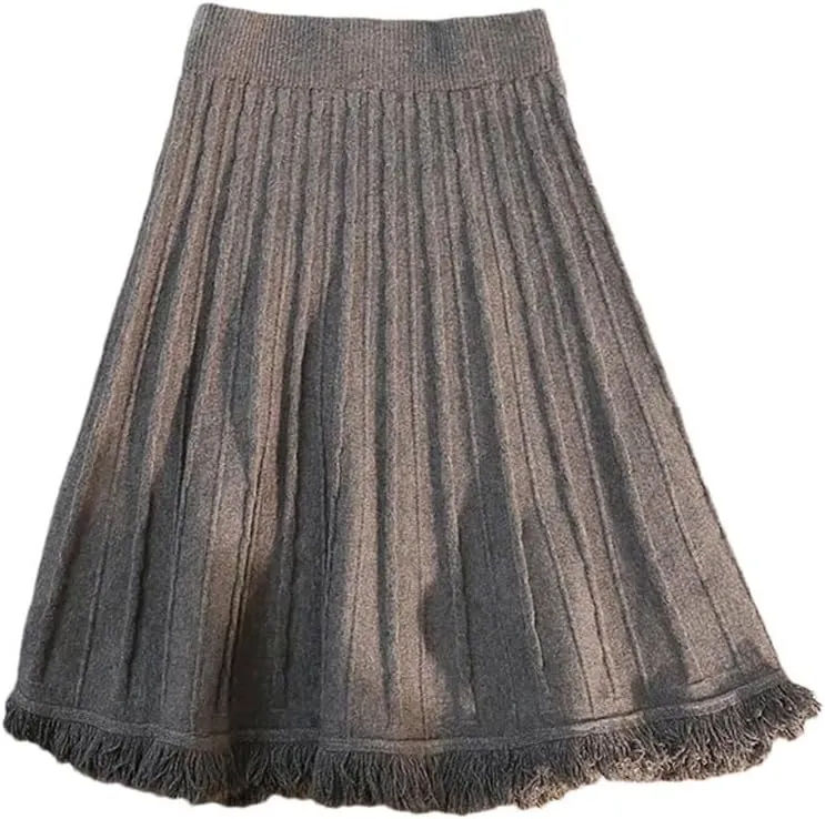 Solid Tassel Knitted Pleated Skirt for Women Spring Winter Elastic High Waist All-Match A-Line Skirts