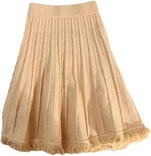 Solid Tassel Knitted Pleated Skirt for Women Spring Winter Elastic High Waist All-Match A-Line Skirts