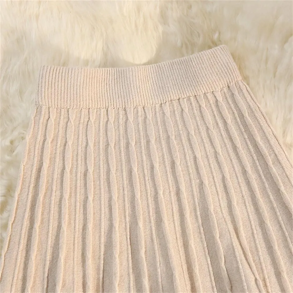 Solid Tassel Knitted Pleated Skirt for Women Spring Winter Elastic High Waist All-Match A-Line Skirts