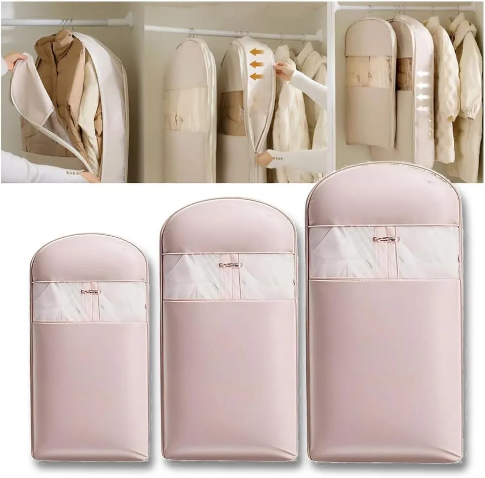 Space Saving Hanging Garment Bag, Hanging Garment Bag With Self Compression Zipper, Space Saver Closet Organizer, For Moving Or Storaging Clothes, For Down Coats, Jackets, Suits (pink,M)