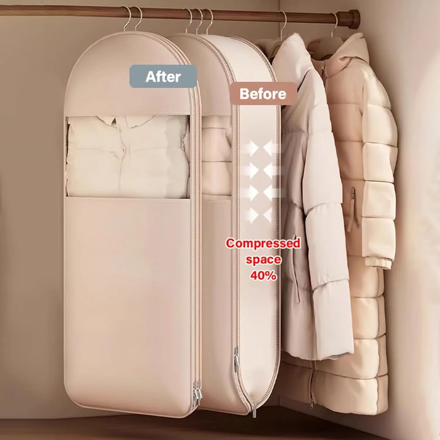 Space Saving Hanging Garment Bag, Space Saving Hanging Garment Bag with Self Compression Zipper, Dust Cover Clothes Bags for down Coat, Transparent Visibility (Pink, Large)