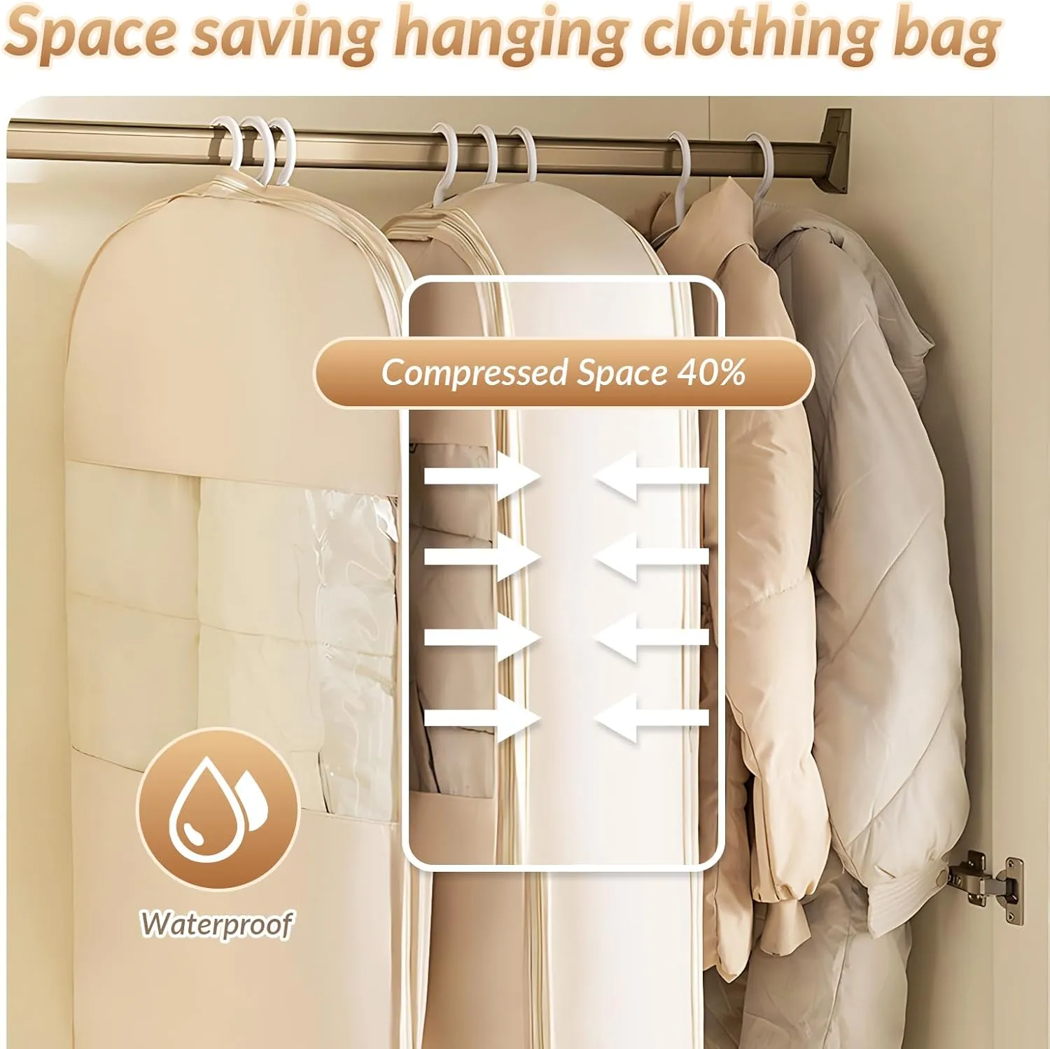 Space Saving Hanging Garment Bag with Self Compression Zipper, Compression Hanging Garment Bag, Dust Cover Clothes Bags for Down Coat, Space Saving Hanging Protector for Coats(Beige, X-Large)