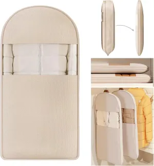 Space Saving Hanging Garment Bag with Self Compression Zipper, Compression Hanging Garment Bag, Dust Cover Clothes Bags for Down Coat, Space Saving Hanging Protector for Coats(Beige, X-Large)