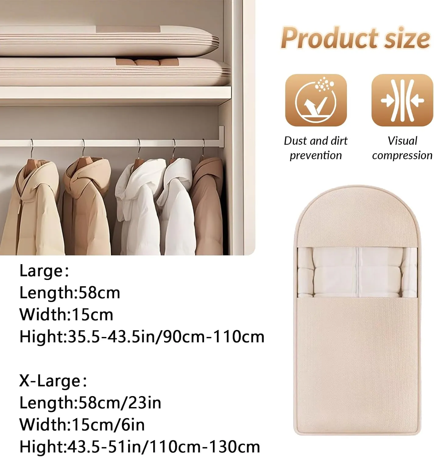 Space Saving Hanging Garment Bag with Self Compression Zipper, Compression Hanging Garment Bag, Dust Cover Clothes Bags for Down Coat, Space Saving Hanging Protector for Coats(Beige, X-Large)