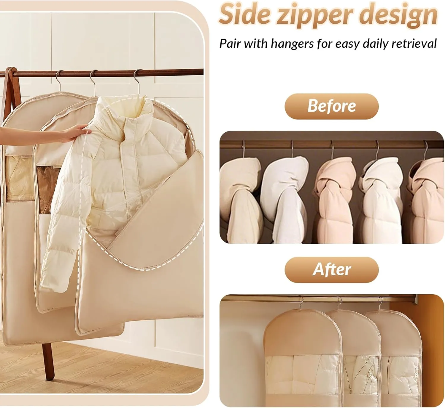 Space Saving Hanging Garment Bag with Self Compression Zipper, Compression Hanging Garment Bag, Dust Cover Clothes Bags for Down Coat, Space Saving Hanging Protector for Coats(Beige, X-Large)