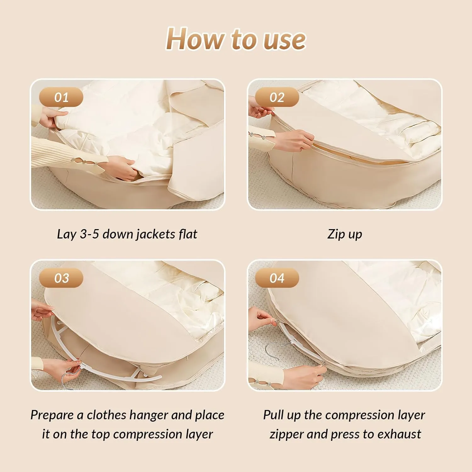 Space Saving Hanging Garment Bag with Self Compression Zipper, Compression Hanging Garment Bag, Dust Cover Clothes Bags for Down Coat, Space Saving Hanging Protector for Coats(Beige, X-Large)
