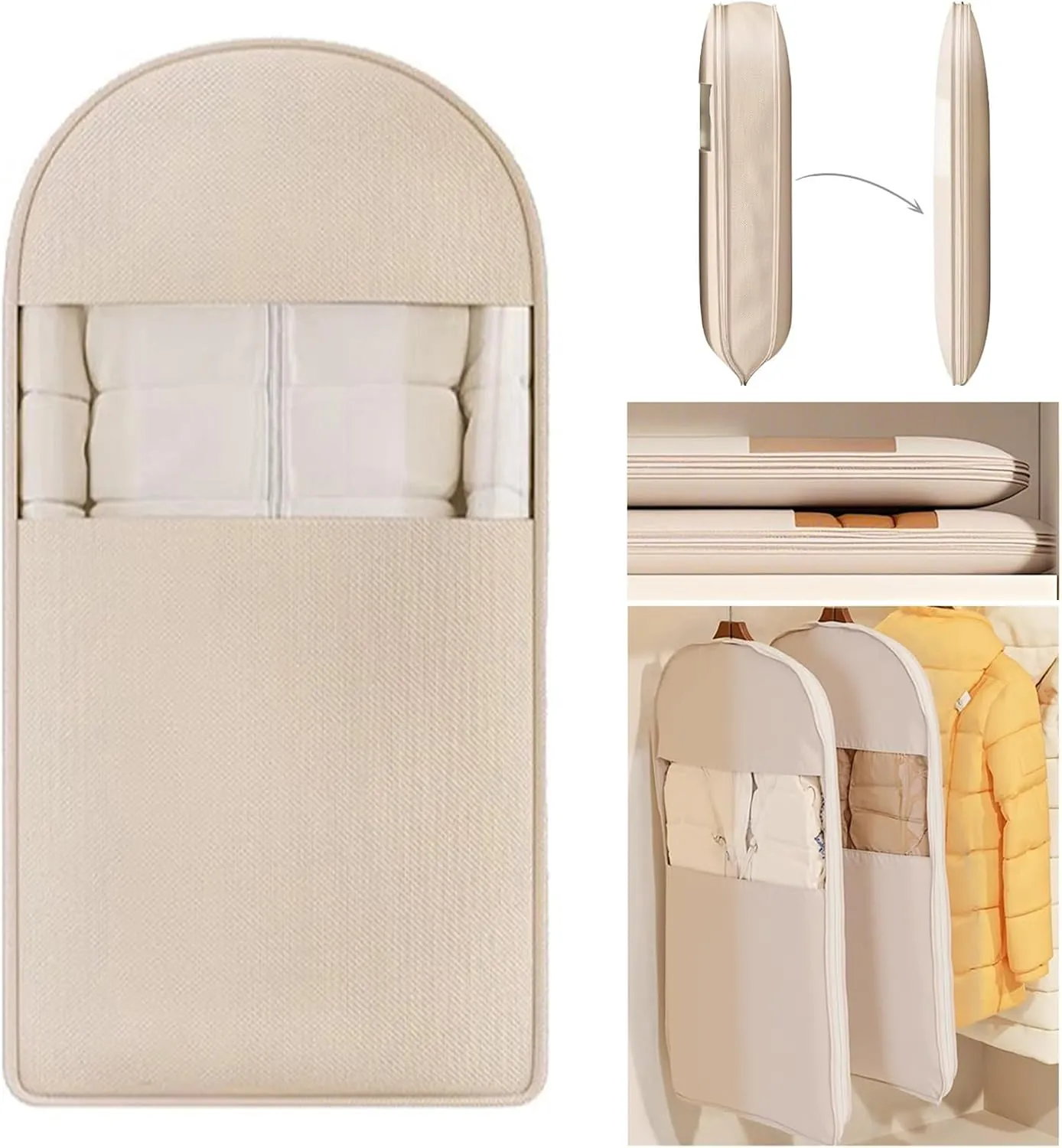 Space Saving Hanging Garment Bag with Self Compression Zipper, Compression Hanging Garment Bag, Dust Cover Clothes Bags for Down Coat, Space Saving Hanging Protector for Coats(Beige, X-Large)