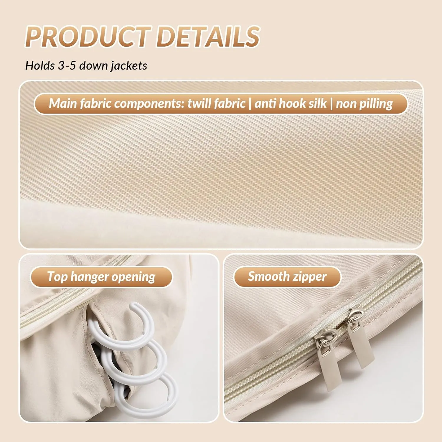 Space Saving Hanging Garment Bag with Self Compression Zipper, Compression Hanging Garment Bag, Dust Cover Clothes Bags for Down Coat, Space Saving Hanging Protector for Coats(Beige, X-Large)