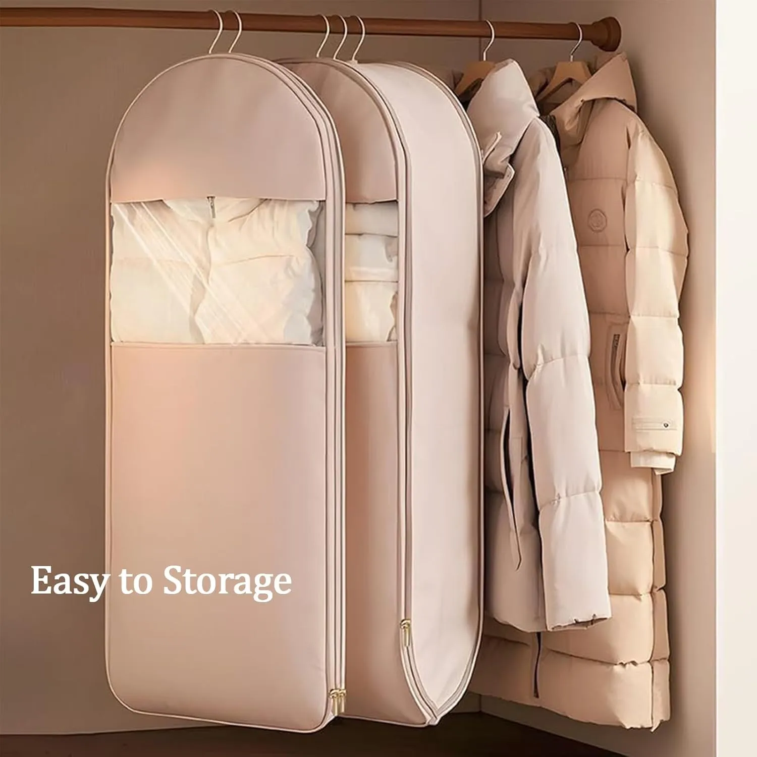 Space Saving Hanging Garment Bag with Self Compression Zipper, Dust Cover Clothes Bags for Down Coat, Space Saver Closet Organizers, for Closet Storage (Pink,Large)