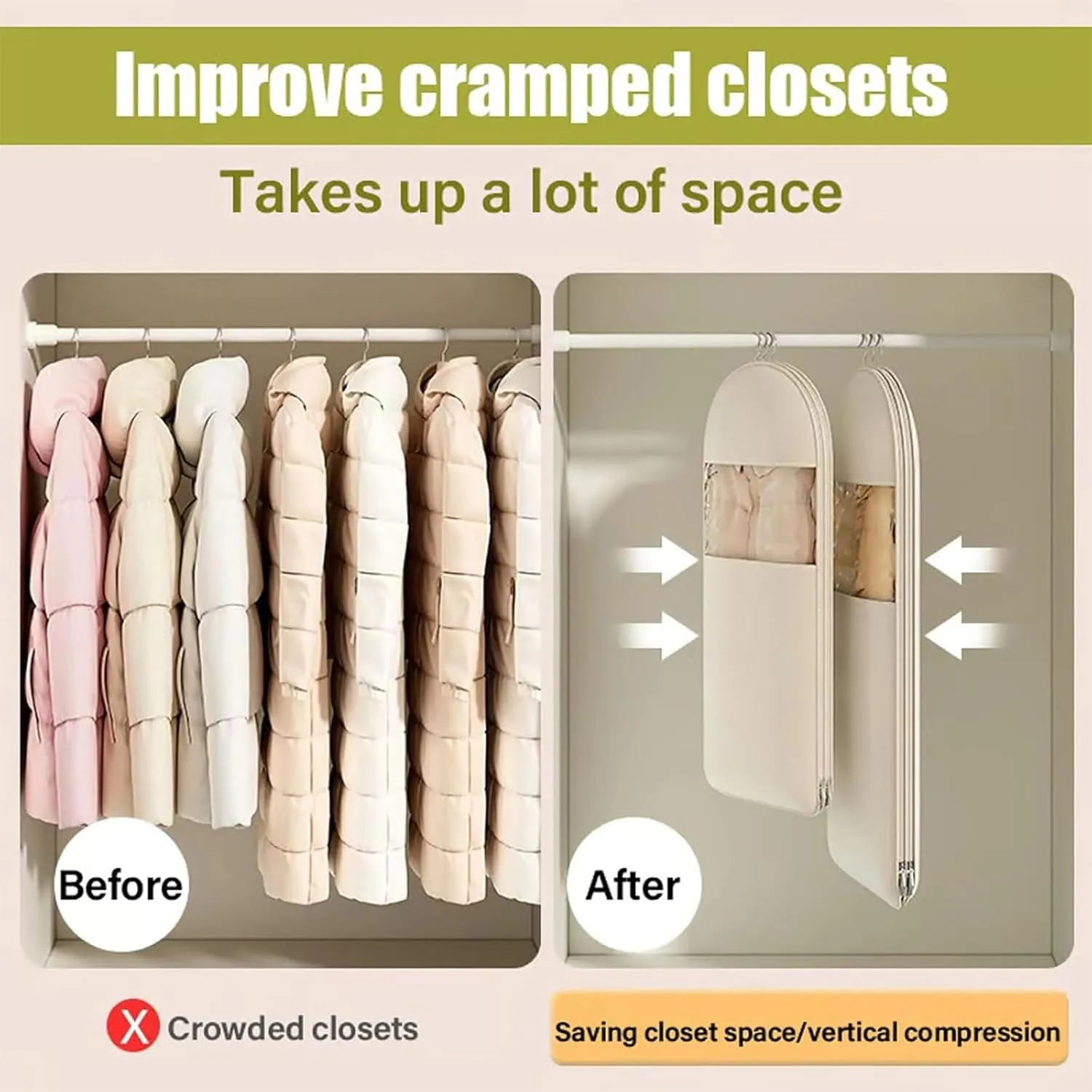 Space Saving Hanging Garment Bag with Self Compression Zipper, Self Compression Hanging Organizer & Protector with Clear Window for Suits, Tuxedos, Dresses, Coats (Beige, M-90cm//35.43in)