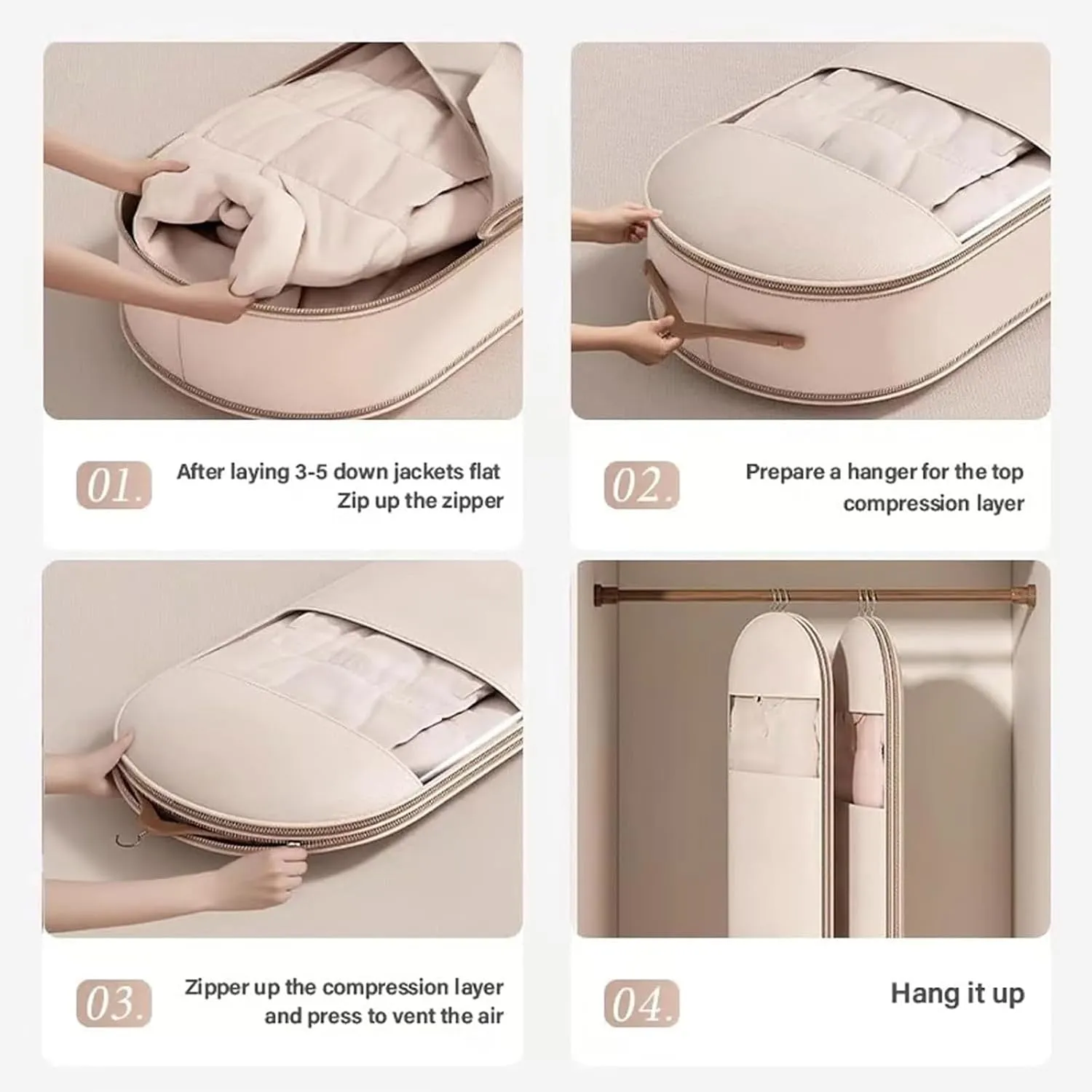 Space Saving Hanging Garment Bag with Self Compression Zipper, Self Compression Hanging Organizer & Protector with Clear Window for Suits, Tuxedos, Dresses, Coats (Beige, M-90cm//35.43in)