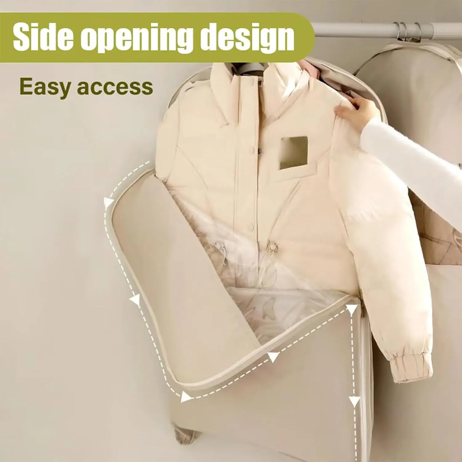 Space Saving Hanging Garment Bag with Self Compression Zipper, Self Compression Hanging Organizer & Protector with Clear Window for Suits, Tuxedos, Dresses, Coats (Beige, M-90cm//35.43in)