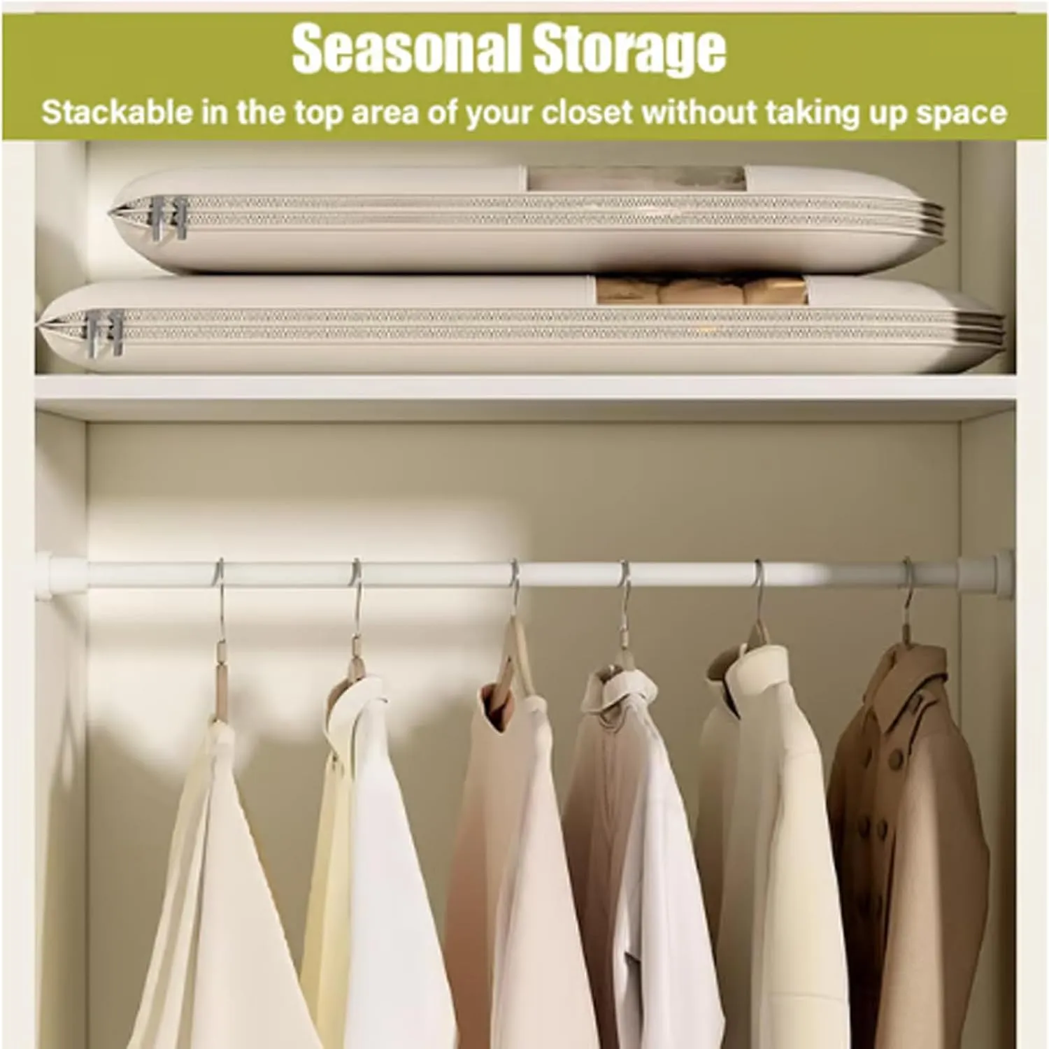 Space Saving Hanging Garment Bag with Self Compression Zipper, Self Compression Hanging Organizer & Protector with Clear Window for Suits, Tuxedos, Dresses, Coats (Beige, M-90cm//35.43in)