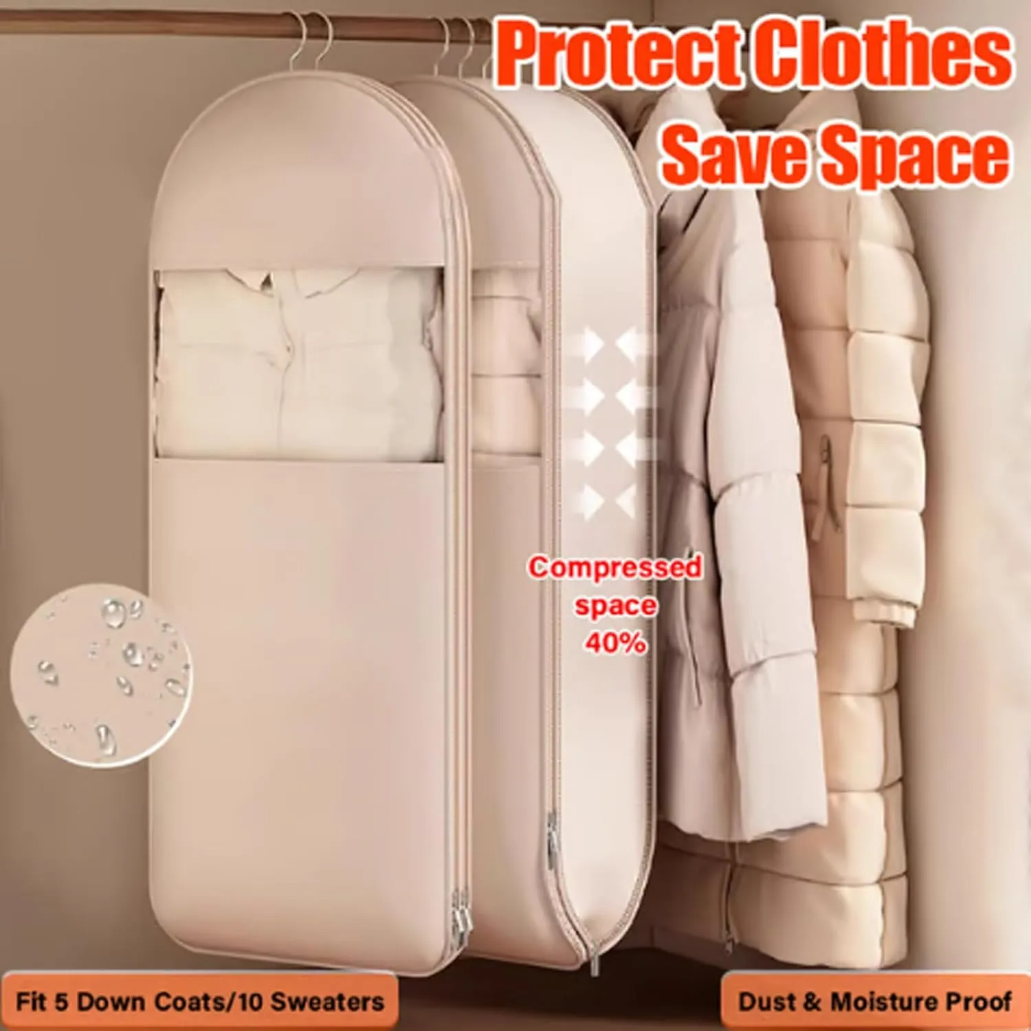 Space Saving Hanging Garment Bag with Self Compression Zipper, Self Compression Hanging Organizer & Protector with Clear Window for Suits, Tuxedos, Dresses, Coats (Beige, M-90cm//35.43in)