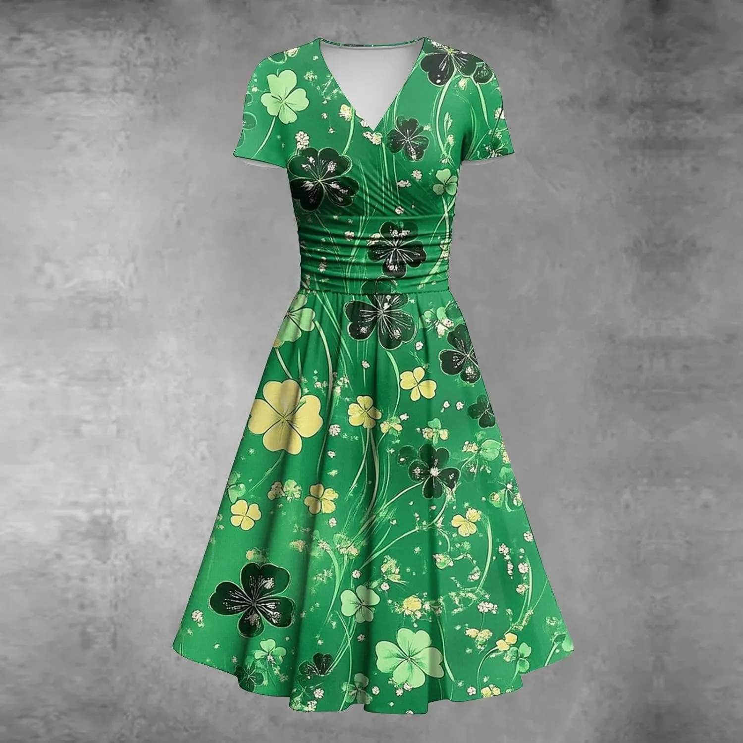 St Patrick's Day Dress Ladies Loose Short Sleeve V Neck Princess Pulled Ruffle Waist Drawstring Shamrock Print Dresses