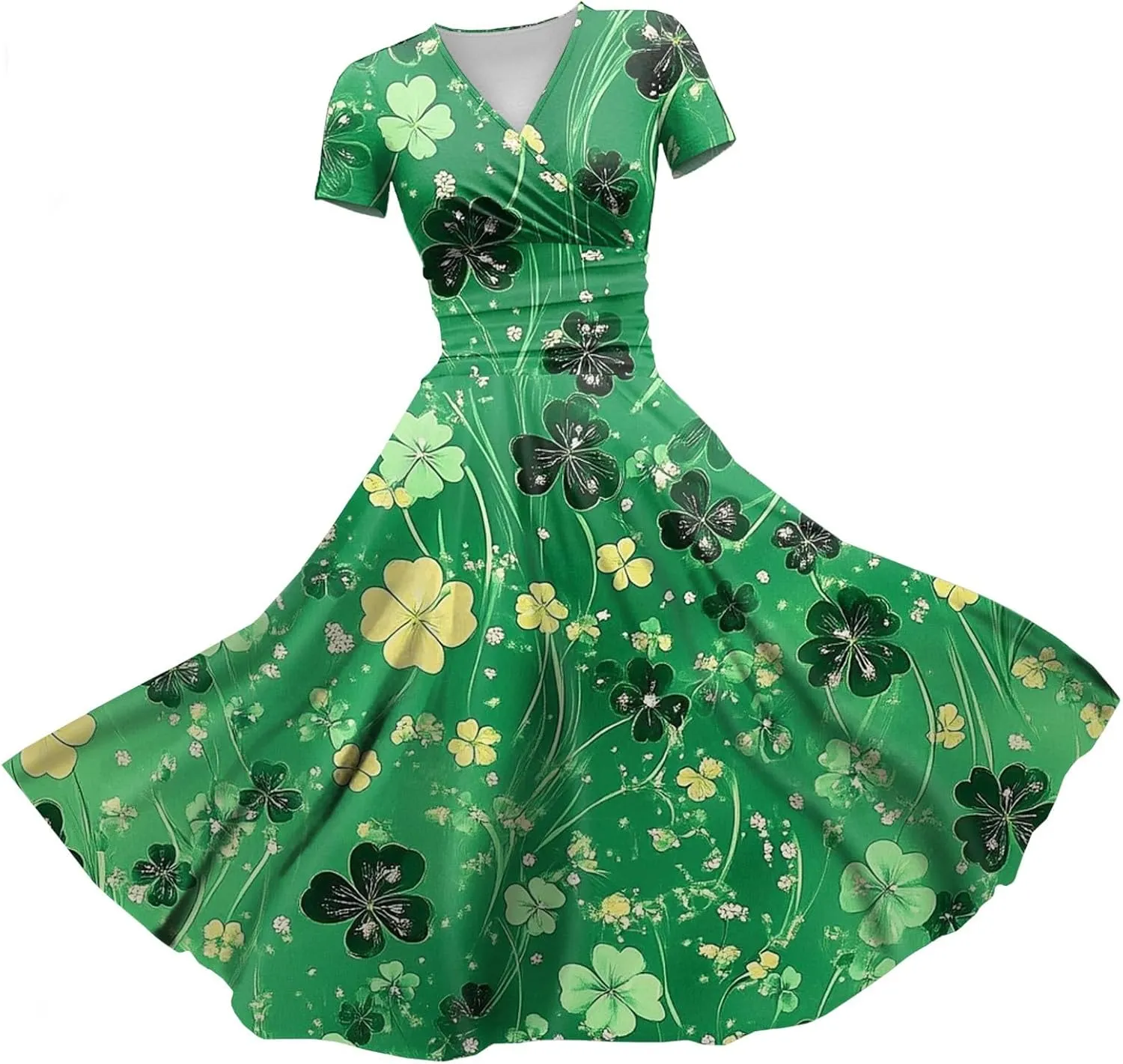 St Patrick's Day Dress Ladies Loose Short Sleeve V Neck Princess Pulled Ruffle Waist Drawstring Shamrock Print Dresses