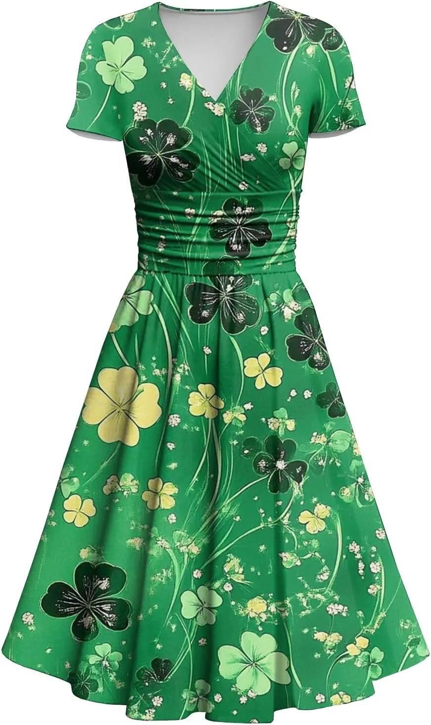 St Patrick's Day Dress Ladies Loose Short Sleeve V Neck Princess Pulled Ruffle Waist Drawstring Shamrock Print Dresses