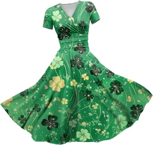 St Patrick's Day Dress Ladies Loose Short Sleeve V Neck Princess Pulled Ruffle Waist Drawstring Shamrock Print Dresses