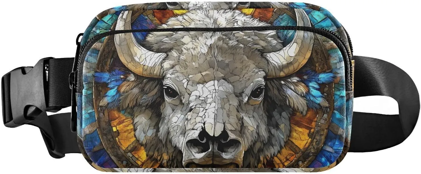 Stained Glass Bison Fanny Pack Water Resistant, Women Men Waist Pack Sling Bag Purse for Travel Hiking
