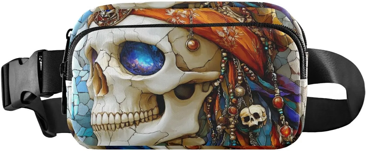 Stained Glass Skull Fanny Pack Water Resistant, Women Men Waist Pack Sling Bag Purse for Travel Hiking