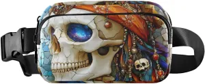 Stained Glass Skull Fanny Pack Water Resistant, Women Men Waist Pack Sling Bag Purse for Travel Hiking