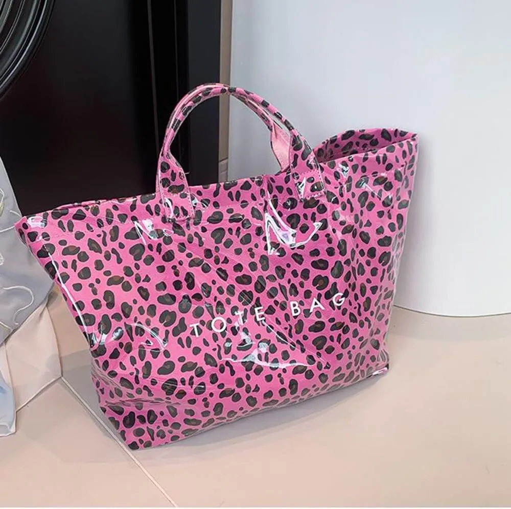 Stellaya Tote Bag, Pvc Women's Letters Print Tote Bag, Leopard Print Bag, Large Shopping Clear Hobo Handbag