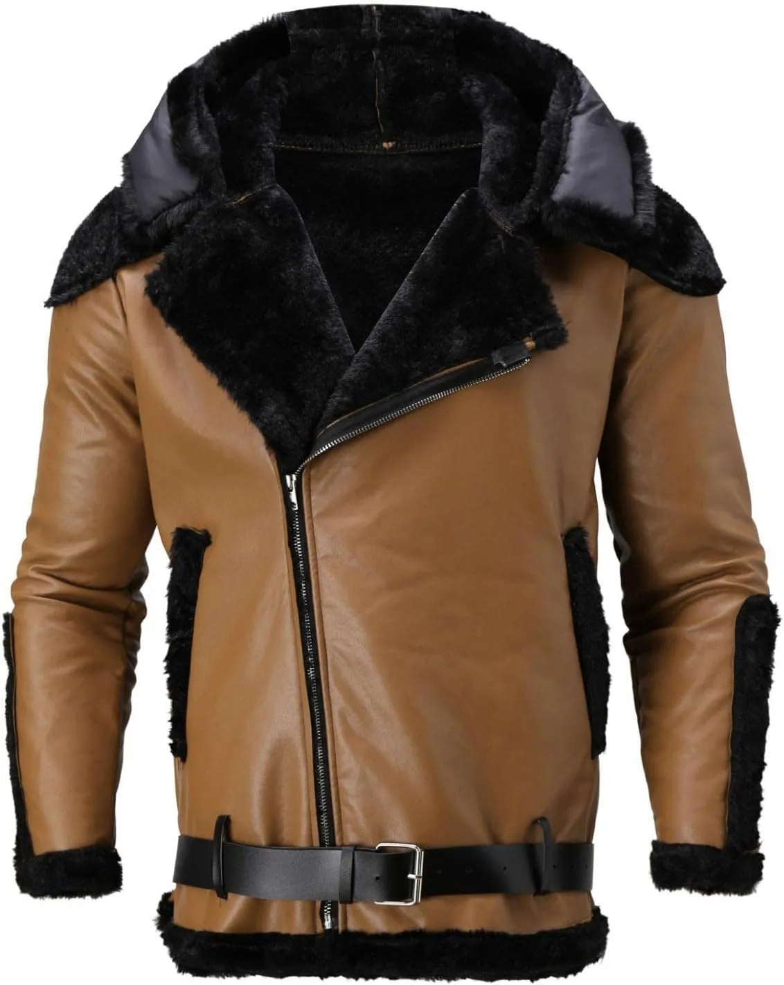 Stoota Mens Winter Warm Thick Faux Leather/Fur Slim Fit Cotton Padded Coat Long Jacket Parka Hooded Pea Coat Winter Coat
