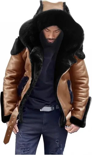 Stoota Mens Winter Warm Thick Faux Leather/Fur Slim Fit Cotton Padded Coat Long Jacket Parka Hooded Pea Coat Winter Coat