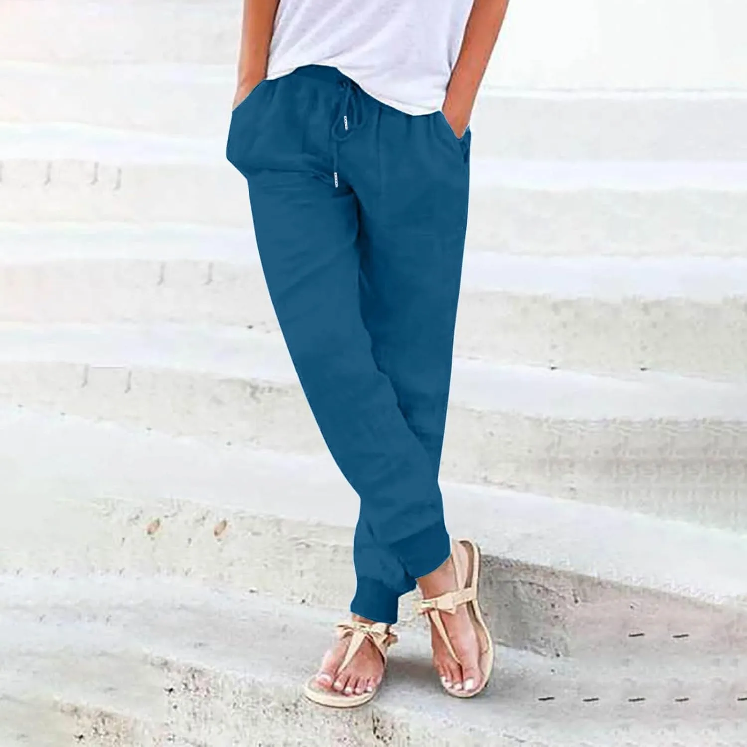 Straight Leg Cotton Linen Pants Women Lightweight Fashion Summer Casual Pants with Pockets Drawstring Loose Trousers