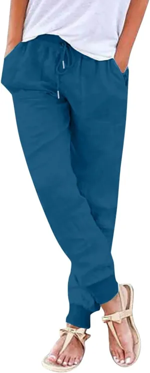 Straight Leg Cotton Linen Pants Women Lightweight Fashion Summer Casual Pants with Pockets Drawstring Loose Trousers