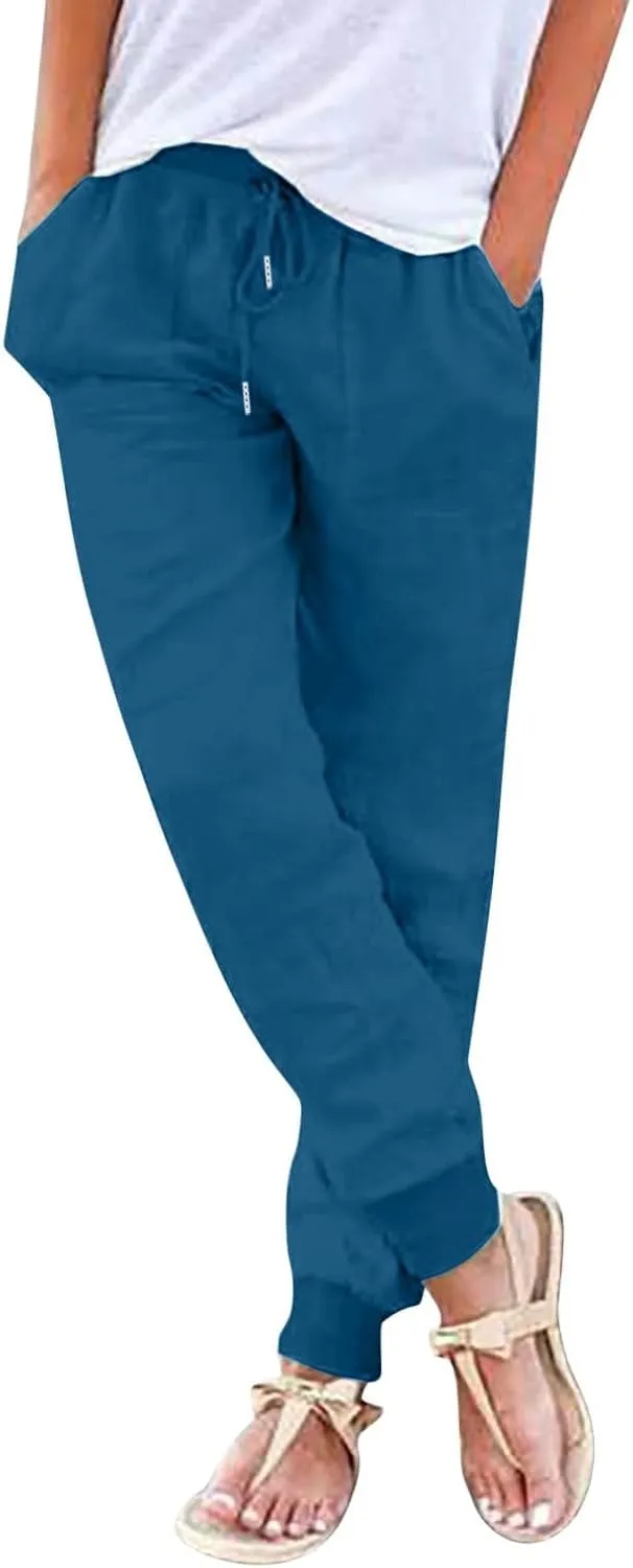 Straight Leg Cotton Linen Pants Women Lightweight Fashion Summer Casual Pants with Pockets Drawstring Loose Trousers