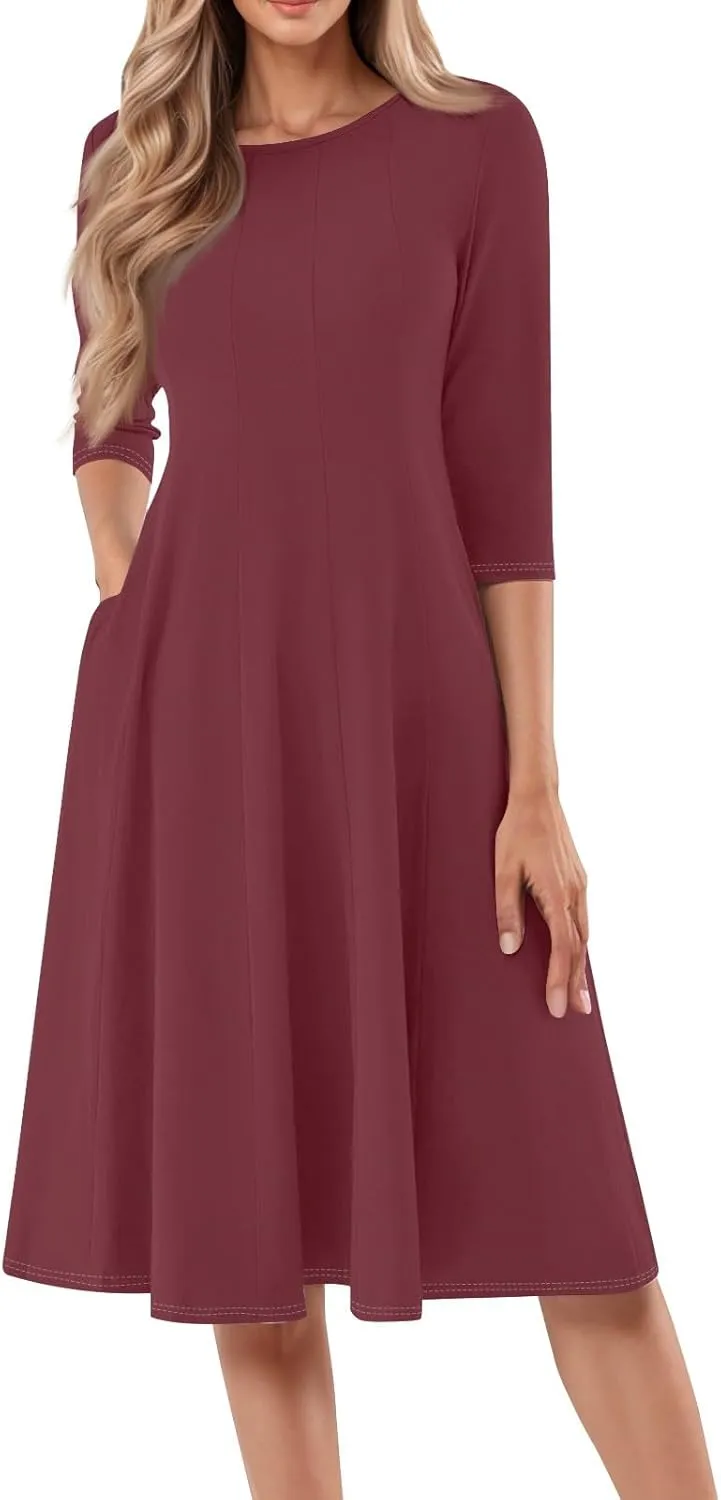 Sun Dresses for Women 2025 Vacation, Spring Casual Round Neck Three-Quarter Sleeve Solid Midi Dress