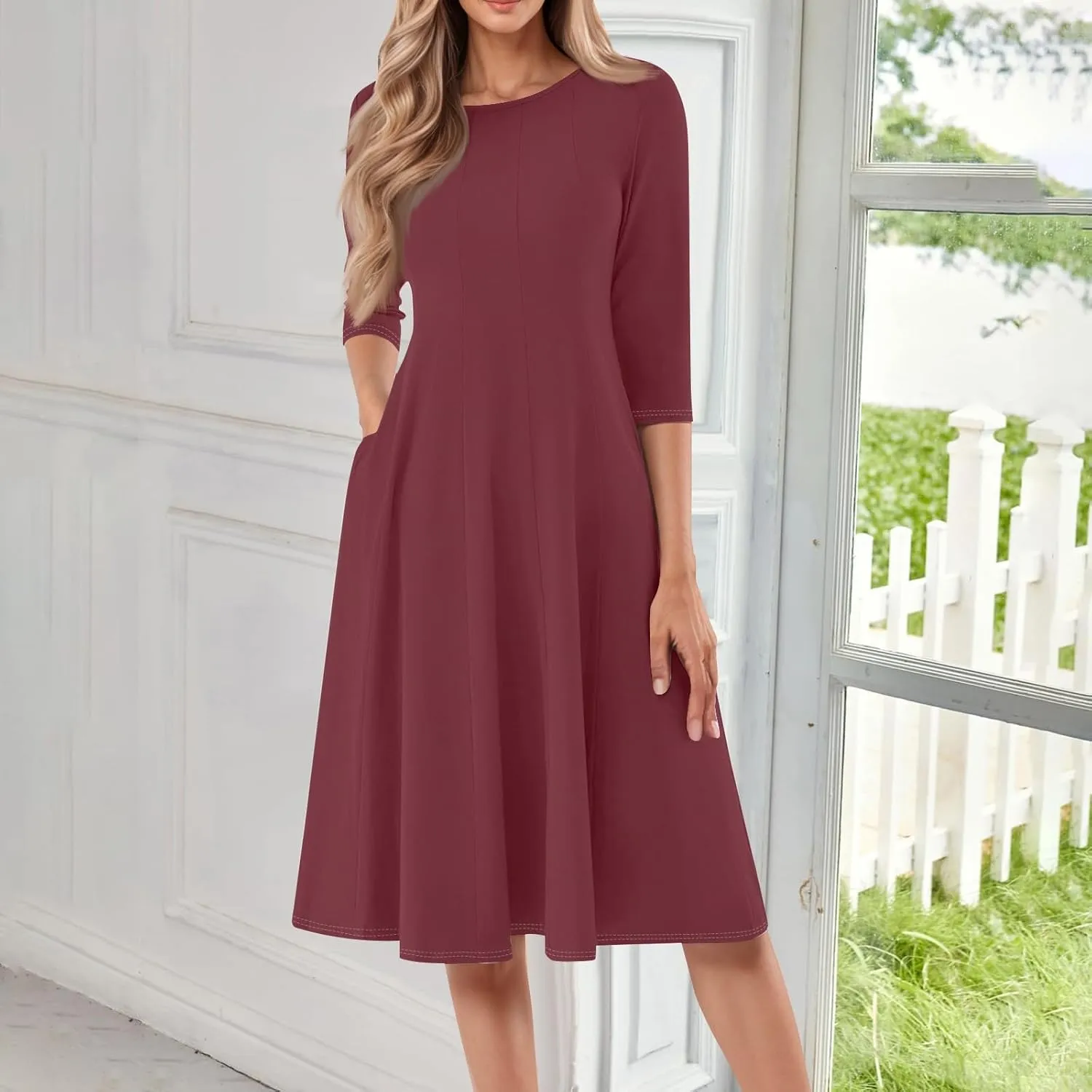 Sun Dresses for Women 2025 Vacation, Spring Casual Round Neck Three-Quarter Sleeve Solid Midi Dress