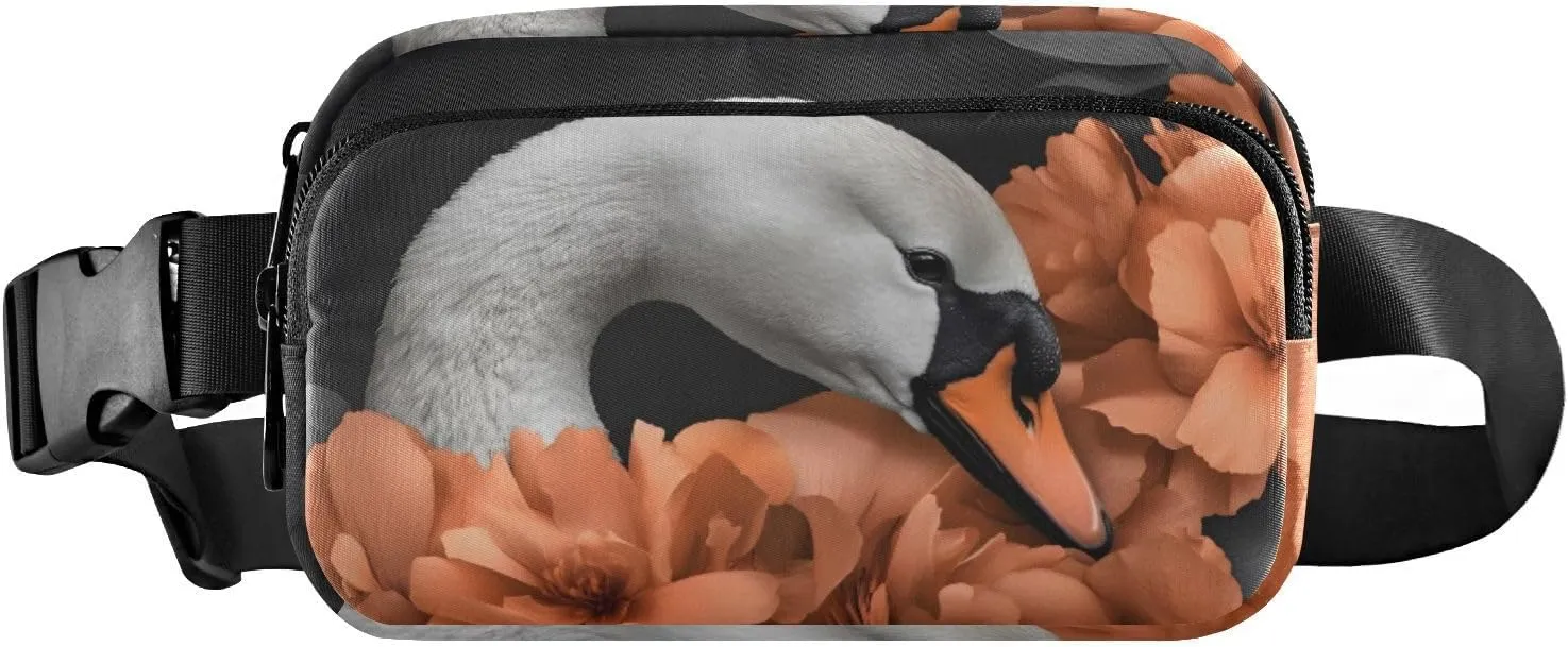Swan Floral Fanny Packs for Women Men, Water Resistant Waist Pack Sling Bag Purse for Travel Hiking