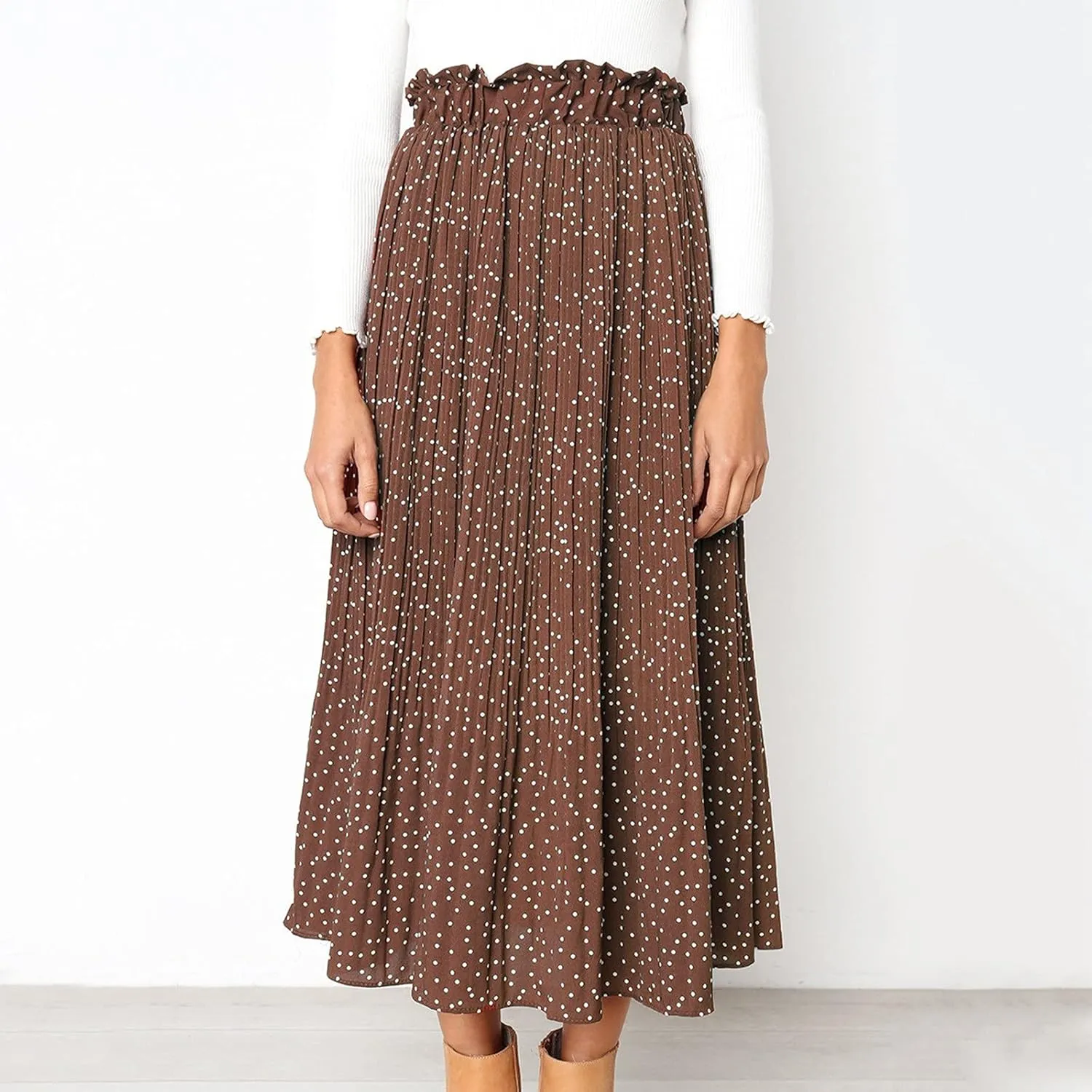 Swing High Waist Women's Elegant Maxi Polka Skirt Casual Skirt Pleated Dot Midi Skirt Black Skirt for Women