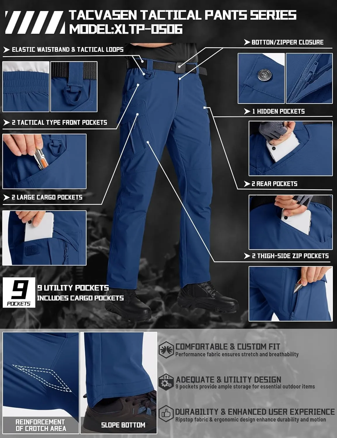 TACVASEN Men's Cargo Work Pants Construction Tactical Water Resistant Lightweight Outdoor Hiking Pants with 9 Pockets
