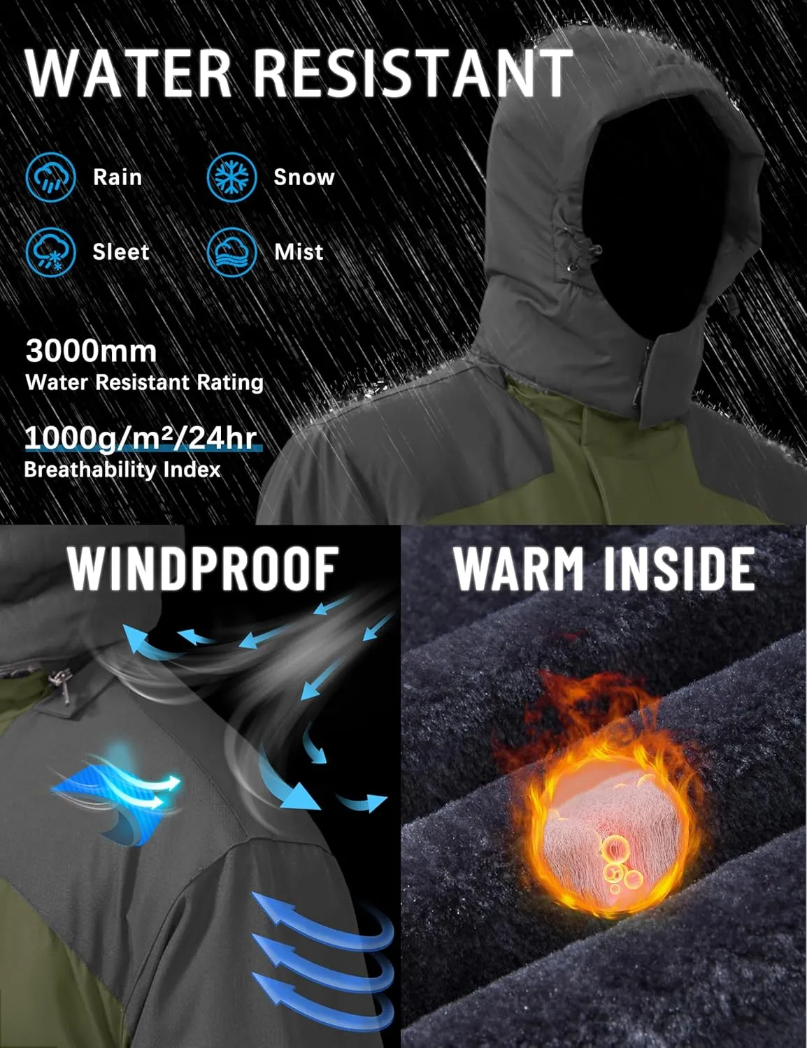 TACVASEN Winter Jacket Men's Water-Resistant Fleece Jacket Snow Ski Jacket Military Tactical Jacket Coat Parka Hood Raincoat