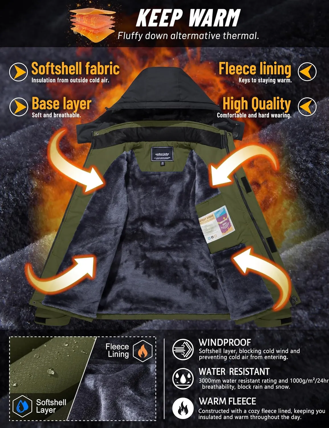 TACVASEN Winter Jacket Men's Water-Resistant Fleece Jacket Snow Ski Jacket Military Tactical Jacket Coat Parka Hood Raincoat