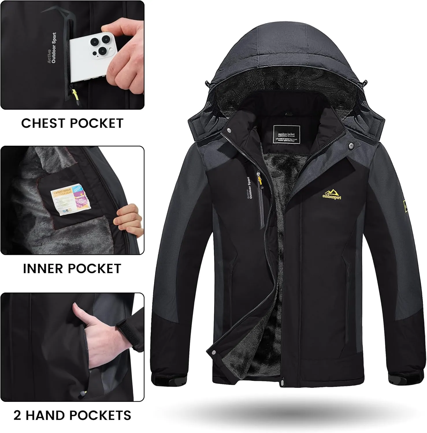 TACVASEN Winter Jacket Men's Water-Resistant Fleece Jacket Snow Ski Jacket Military Tactical Jacket Coat Parka Hood Raincoat