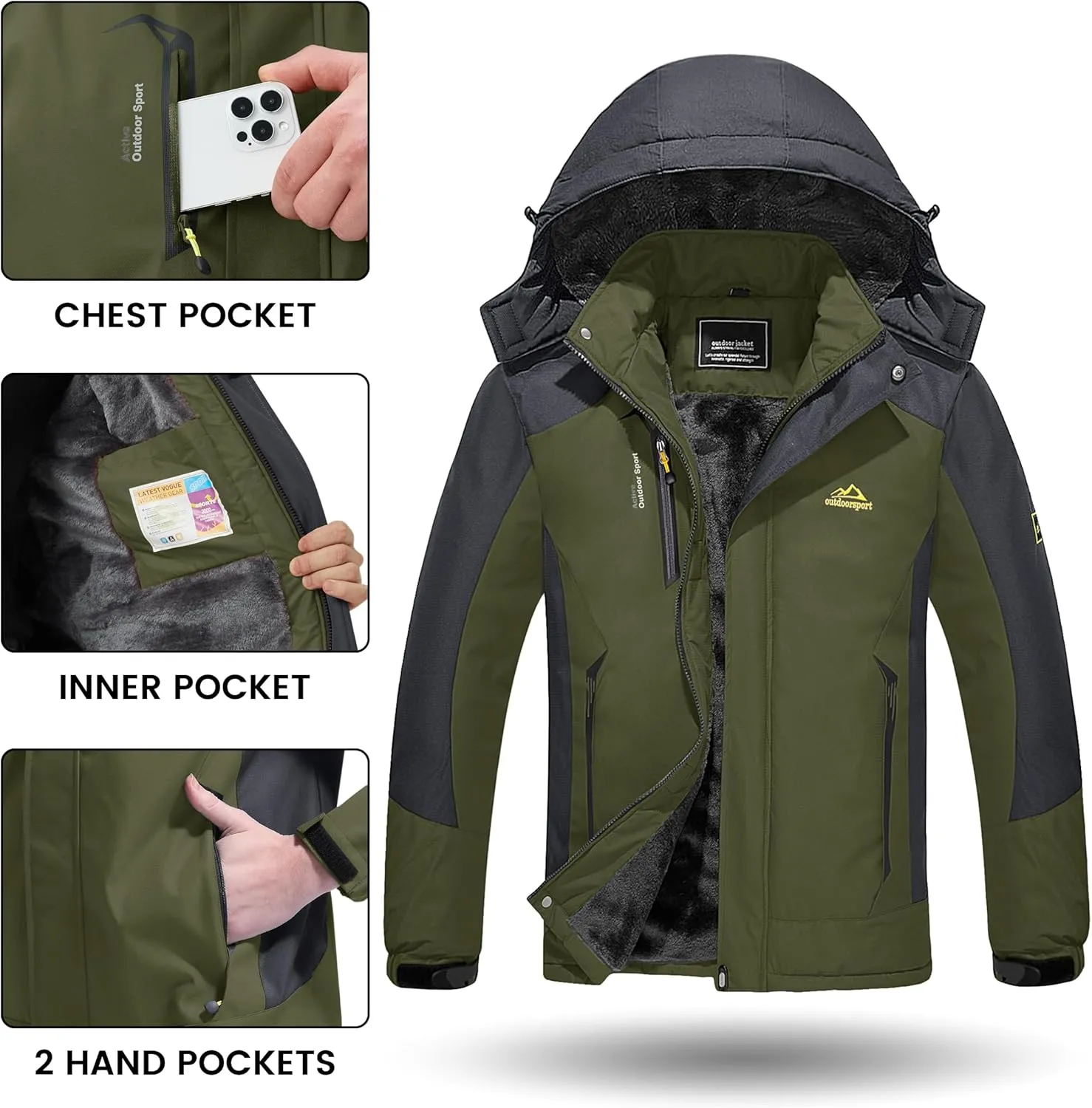 TACVASEN Winter Jacket Men's Water-Resistant Fleece Jacket Snow Ski Jacket Military Tactical Jacket Coat Parka Hood Raincoat