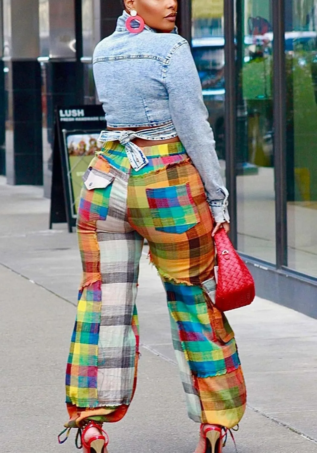 Tcremisa Women's Cargo Pants High Waist Patchwork Printed Straight Leg Sweatpants with Pockets