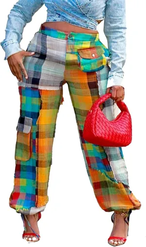 Tcremisa Women's Cargo Pants High Waist Patchwork Printed Straight Leg Sweatpants with Pockets